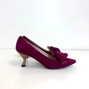 PRADA Magenta Suede Pumps with Front Bow and Textured Kitten Heel 36